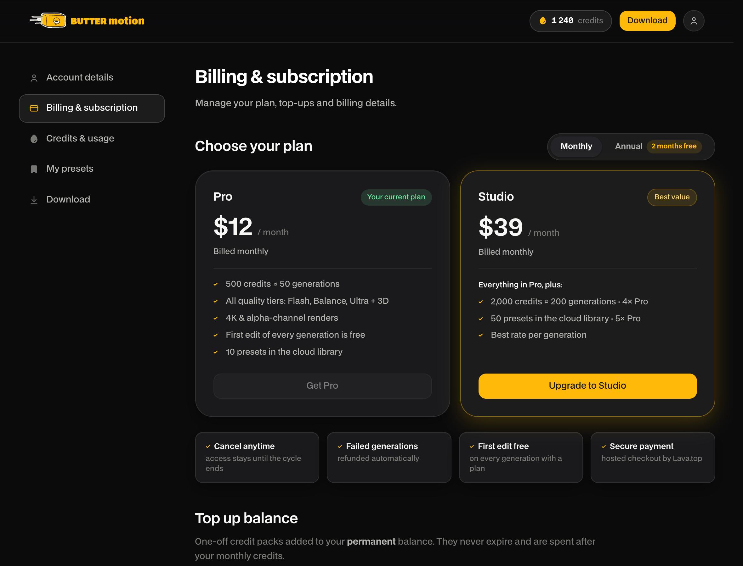 экран Billing & subscription в ЛК: карточки Pro и Studio, тогл Monthly/Annual с плашкой «-2 months free»