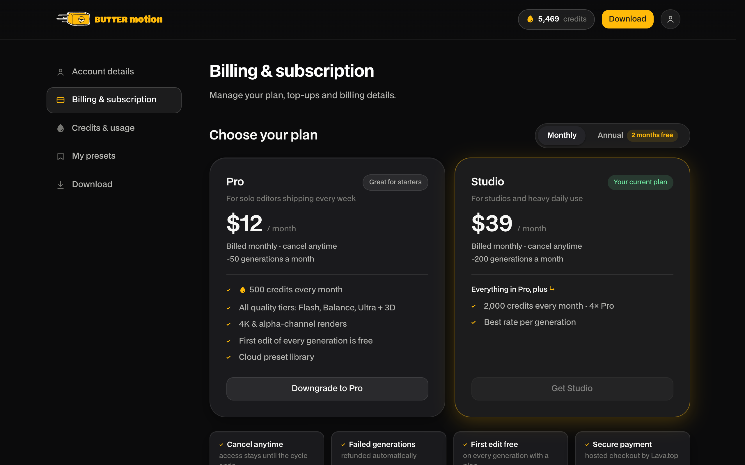 блок Top up balance на странице Billing & subscription: три карточки 200/500/1000 с ценой и rate per 100, бейдж BEST RATE на 1000
