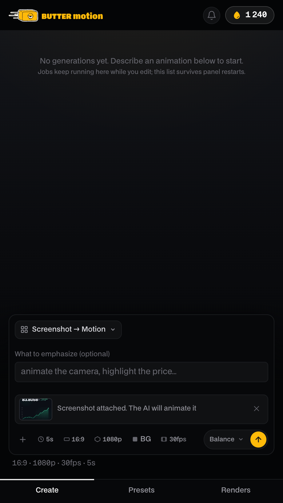 композер в режиме Screenshot → Motion: прикреплённый референс и подпись Screenshot attached