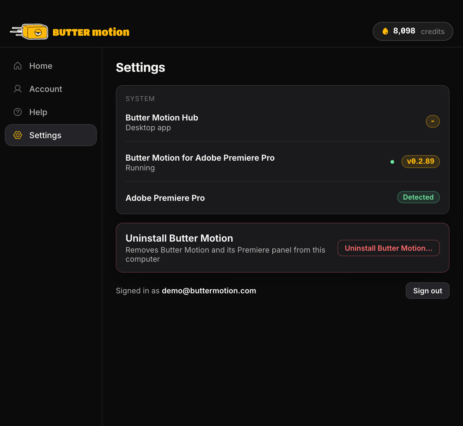 экран Settings в приложении Butter Motion: карточка Uninstall Butter Motion с кнопкой