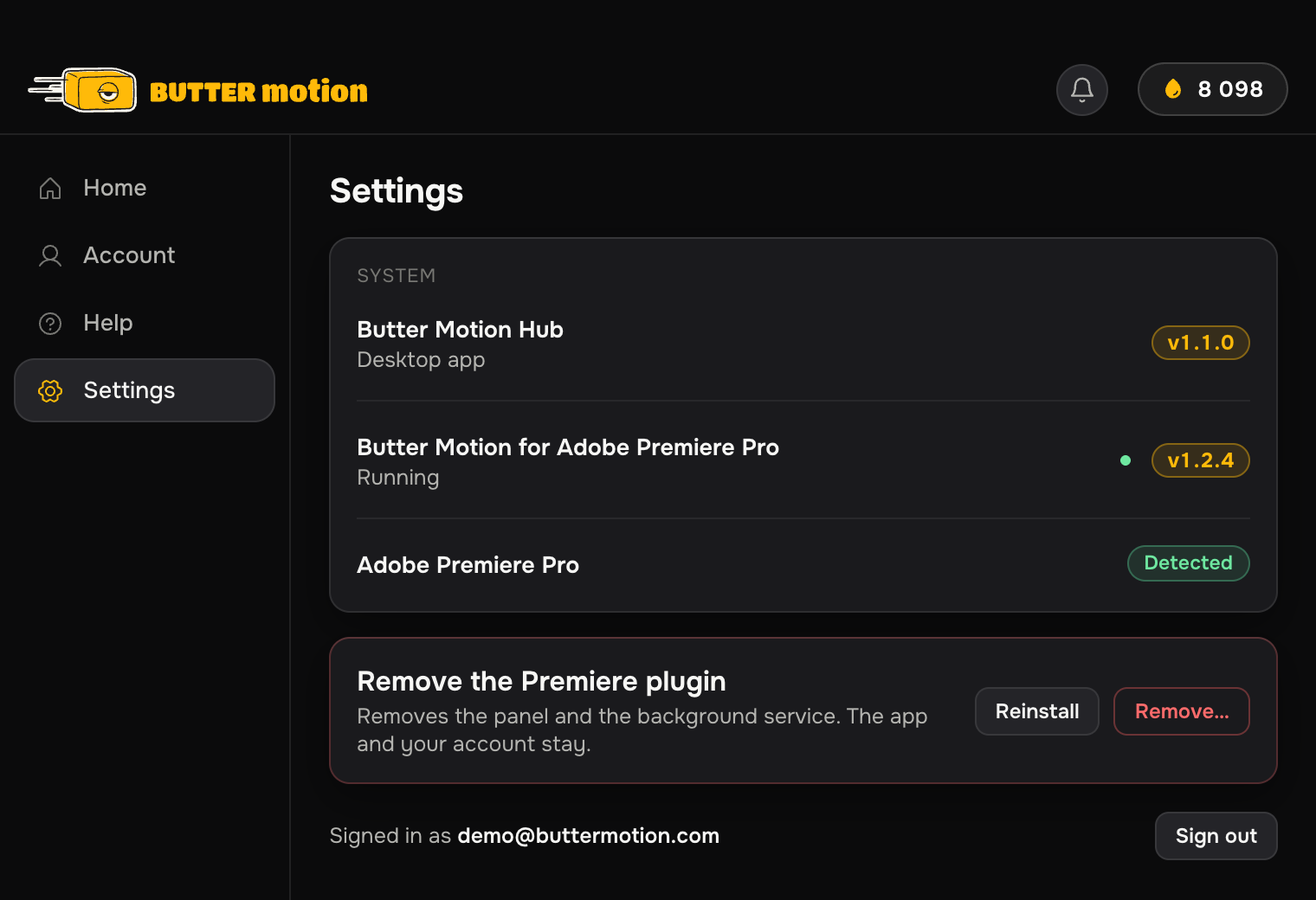 Settings in the Butter Motion app: the System block with the app version v1.1.0 and the plugin version v1.2.4, Running