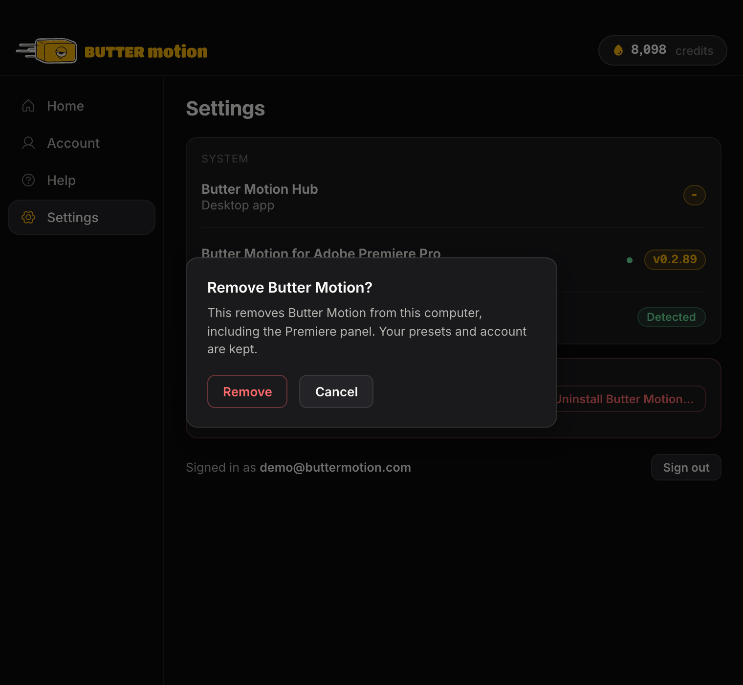 диалог подтверждения Remove Butter Motion? с кнопками Remove и Cancel