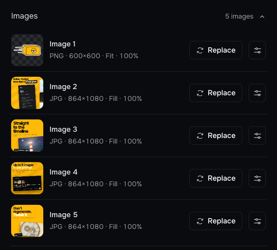 Customize › Images: the logo and the four post covers, each with a Replace button and a settings button