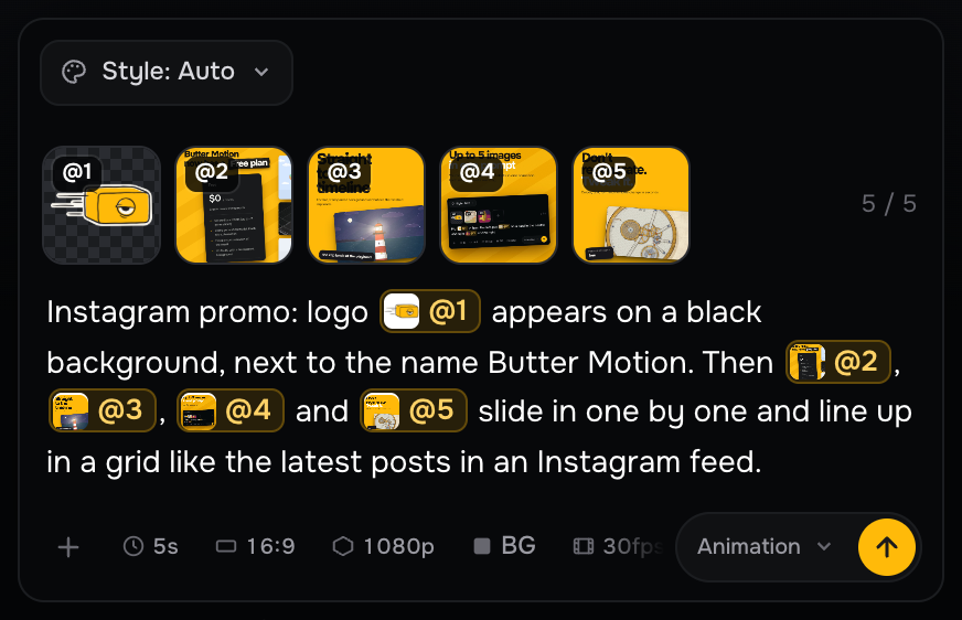 The composer with five images attached: the logo @1 and four post covers @2 to @5, and the Instagram promo prompt that uses all five tags