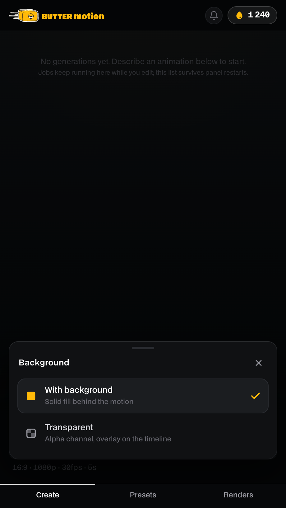 панель Butter Motion, открытый выбор Background с двумя строками «With background» и «Transparent»