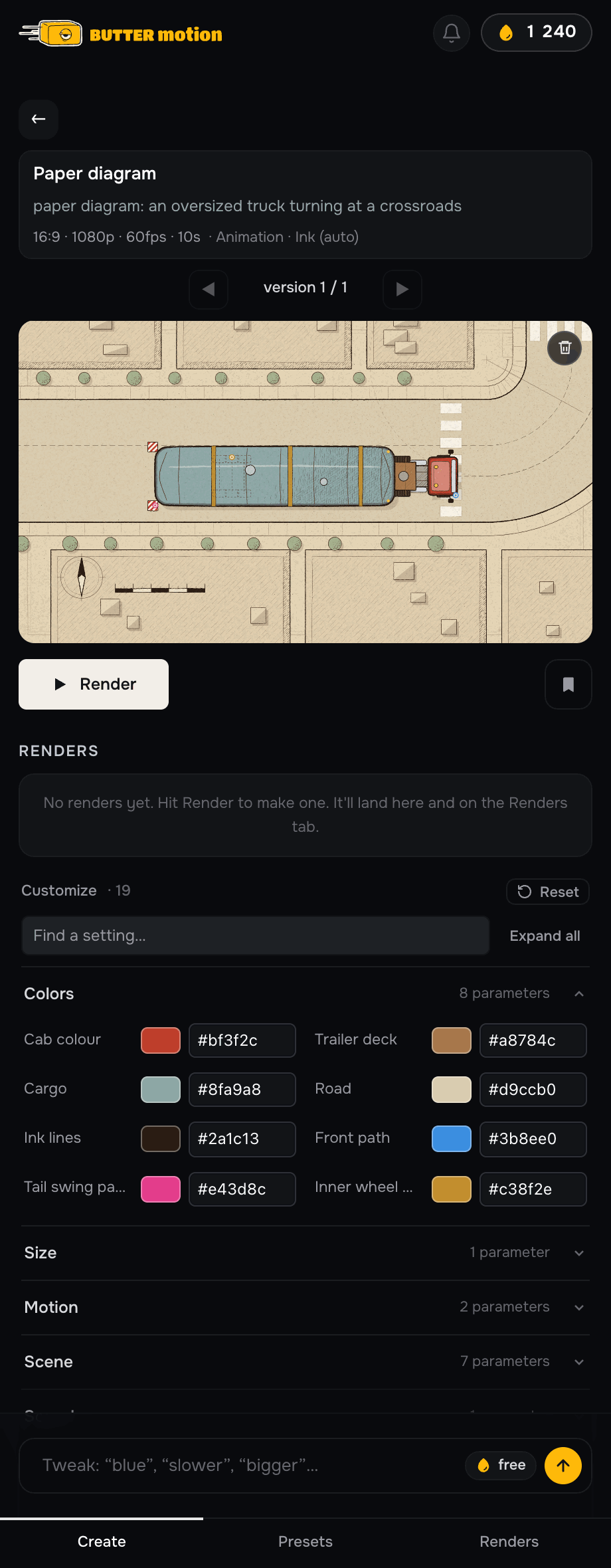 Customize under the preview: the Colors group with the cab, cargo, road and line colours of a paper truck diagram, plus Size, Motion and Scene groups