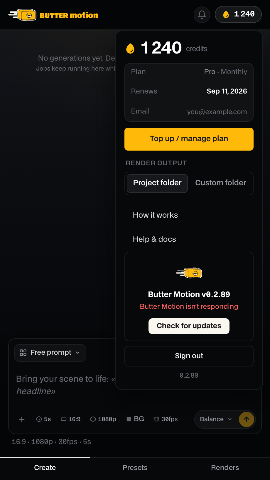 поповер аккаунта в панели: вместо статуса версии красным написано «Butter Motion isn't responding»