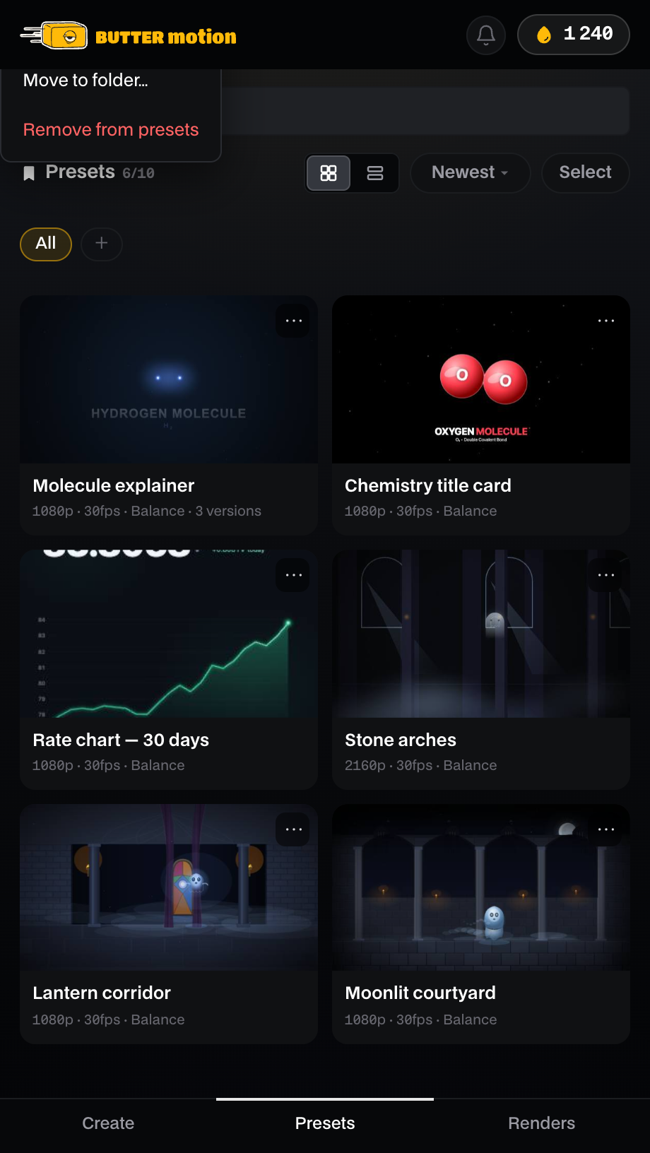 меню действий пресета в панели: Rename, Move to folder…, Remove from presets