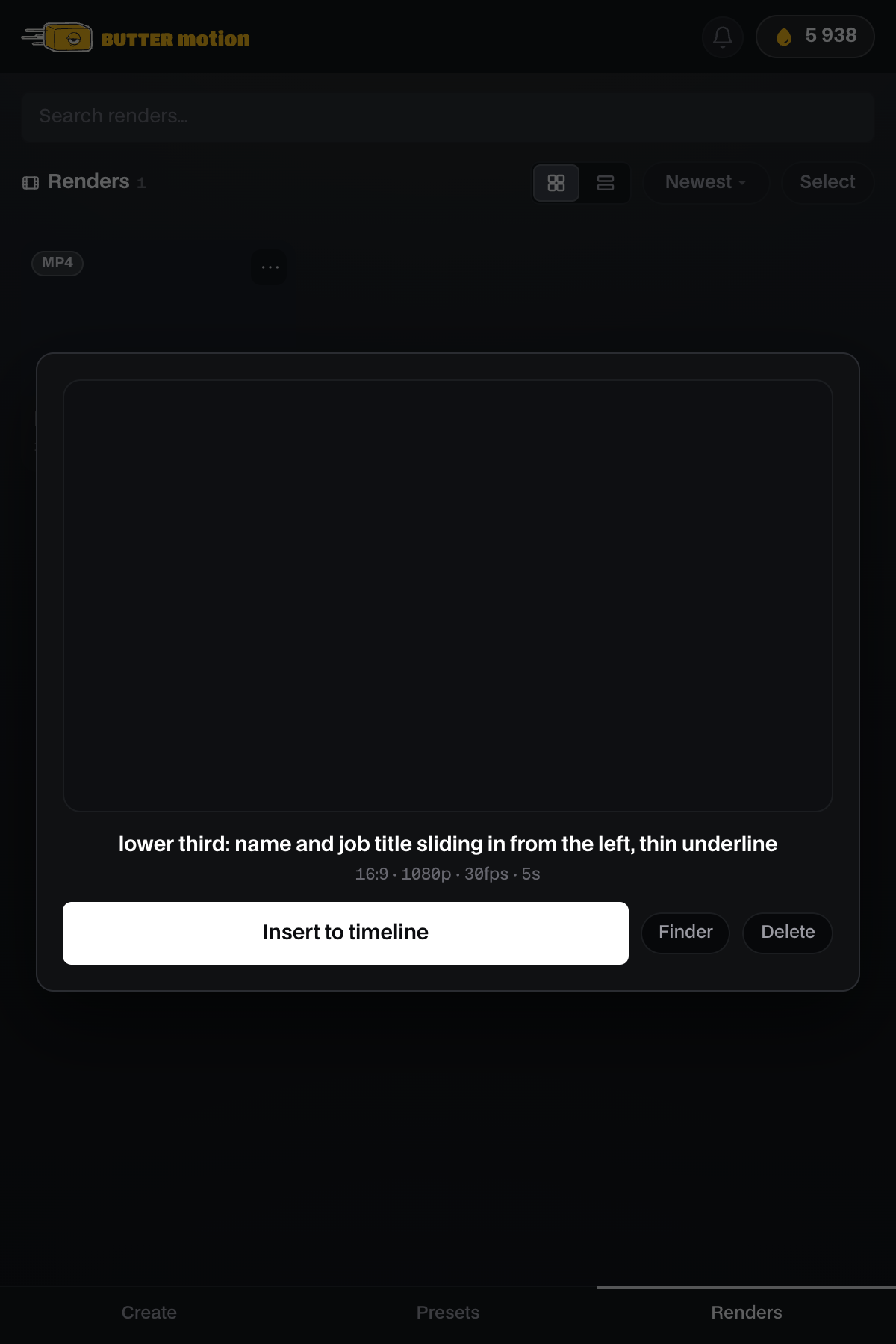 открытая карточка рендера: кнопки Insert to timeline, Finder и Delete под превью
