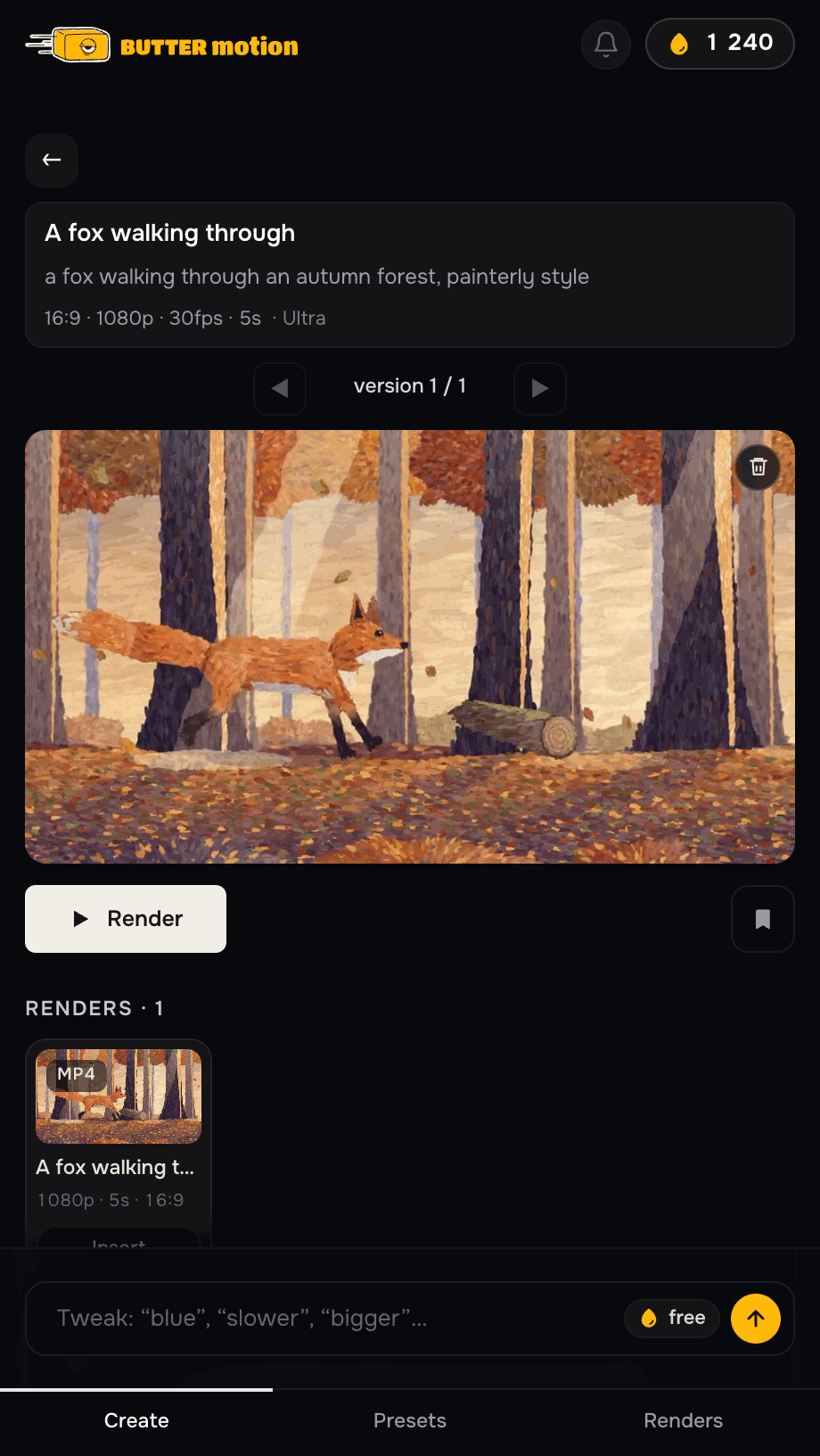 The result screen: a live preview of a fox walking through an autumn forest, the Render button and the Tweak bar with a free badge