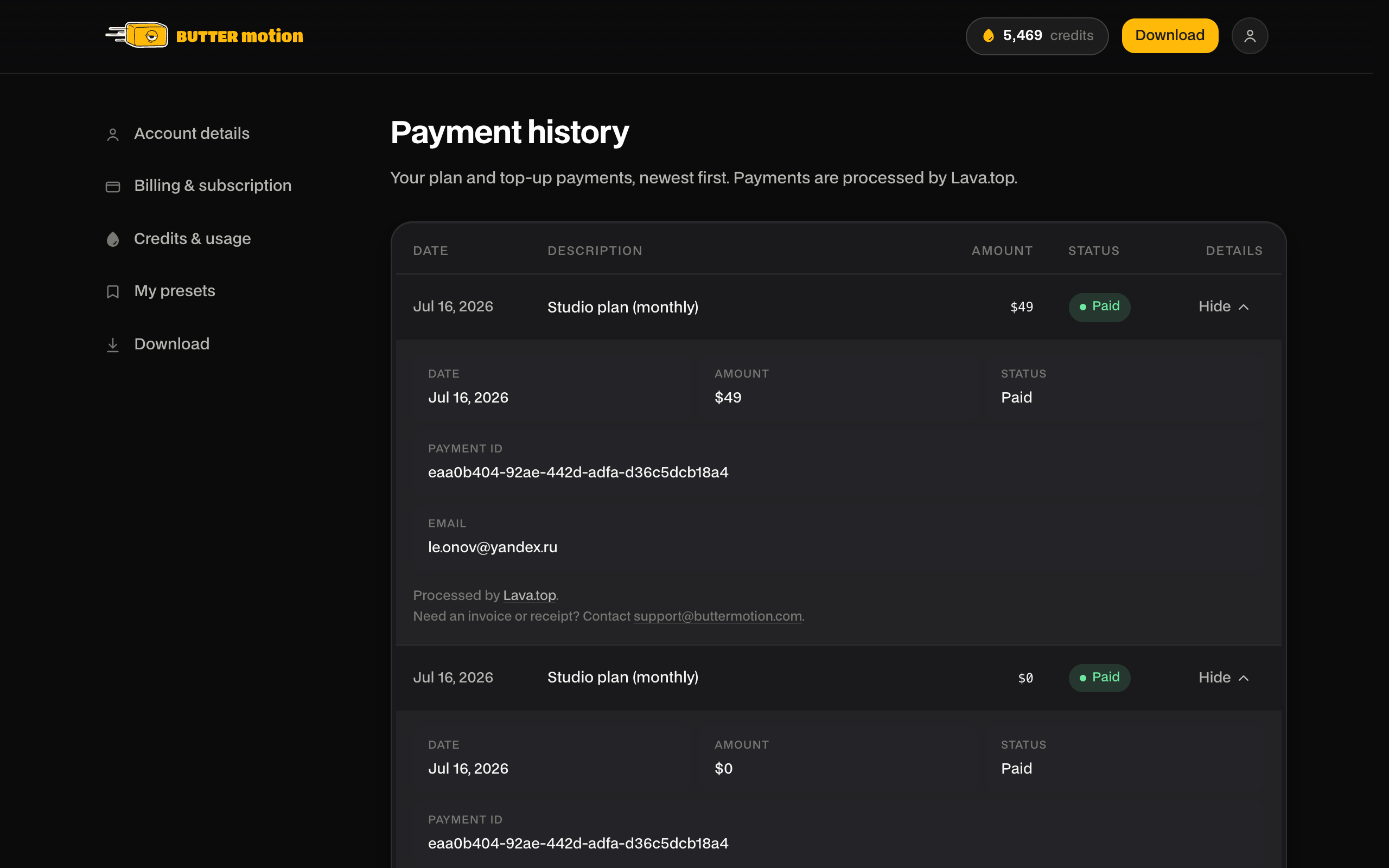 вкладка Payment history в ЛК: строки платежей со статусами Paid/Failed и раскрытые Details одной строки
