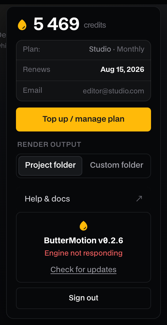 поповер аккаунта Butter Motion, настройка «Render output» с переключателем Project folder / Custom folder