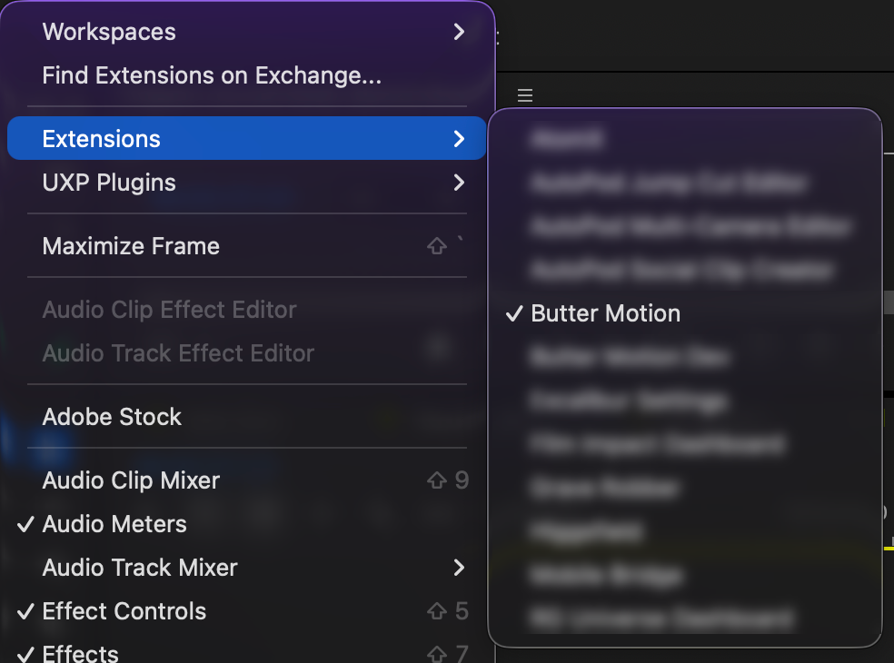 меню Premiere Pro: Window → Extensions, в списке есть Butter Motion