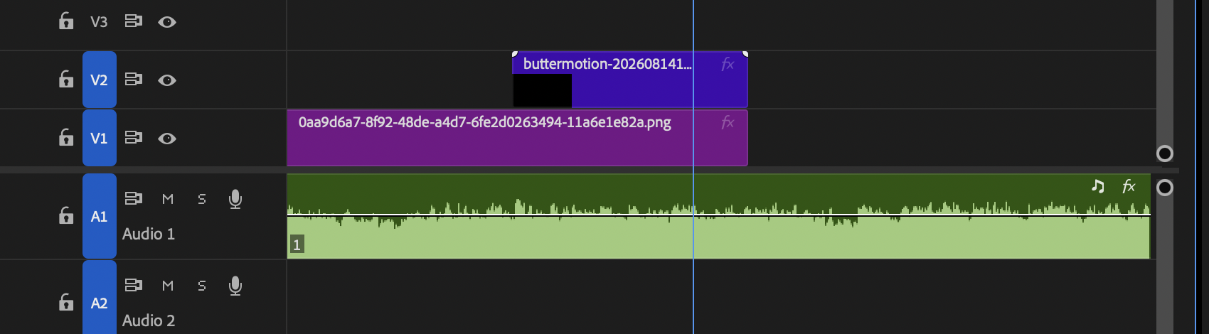 таймлайн Premiere Pro: клип Butter Motion на дорожке V2 поверх футажа на V1
