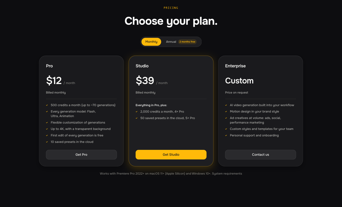 The pricing section on the site: Pro, Studio and Enterprise cards with the Monthly/Annual switch