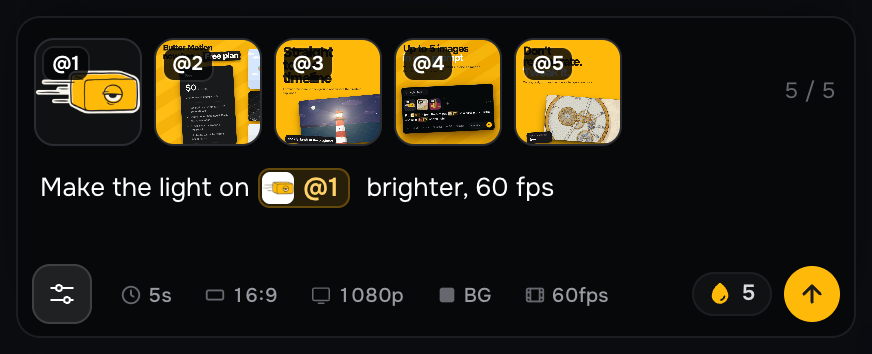 The open Tweak bar: the clip's images @1 to @5 on top, the tweak «Make the light on @1 brighter, 60 fps» and the settings below with 60fps switched on